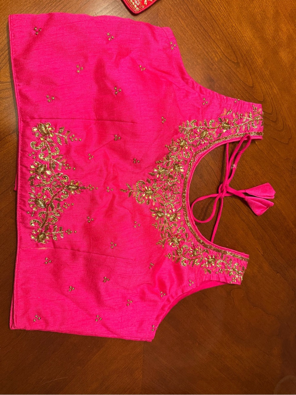 Hot Pink Embroidered Lehenga or Saree blouse with Gold Accents